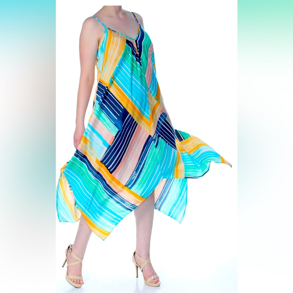 NWT ECI Striped Sleeveless V-Neck Front & Back Handkerchief Hem Dress, Size 2X